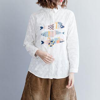 Fish Embroidered Shirt White - One Size