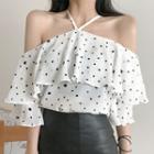 3/4-sleeve Cold Shoulder Patterned Ruffled Top White - One Size