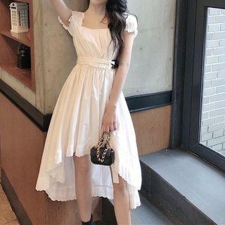 Short-sleeve Square Neck Plain High-low Dress