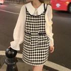 Long-sleeve Mock Two-piece Argyle Mini Dress Black - One Size