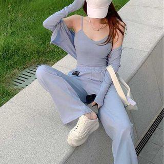 Set: Cropped Camisole Top + Cardigan + Wide-leg Pants