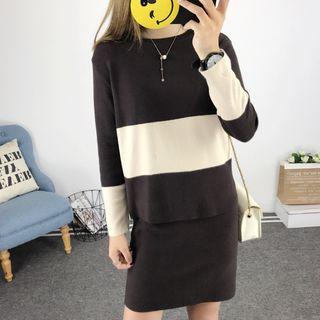 Set: Striped Round-neck Long-sleeve Knit Top + Skirt