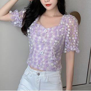 Puff Sleeve Square Neck Flower Embroidered Top