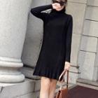 Turtleneck Ruffled Hem Ribbed Knit Dress Black - One Size