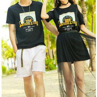 Couple Matching Short-sleeve T-shirt / Set: Mini Dress + Sheer Midi Skirt