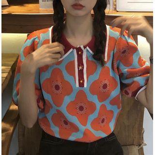 Short-sleeve Floral Jacquard Knit Polo Shirt Floral - Blue - One Size