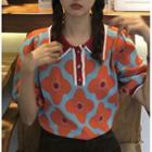 Short-sleeve Floral Jacquard Knit Polo Shirt Floral - Blue - One Size