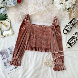 Long-sleeve Frill Trim Velvet Cropped Top