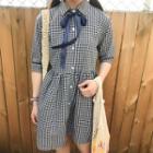 Plaid Elbow Sleeve A-line Shirtdress