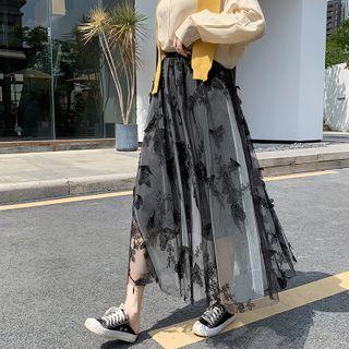 Butterfly Embroidered Midi A-line Mesh Skirt