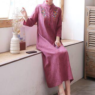 3/4-sleeve Floral Embroidered Midi Shirtdress