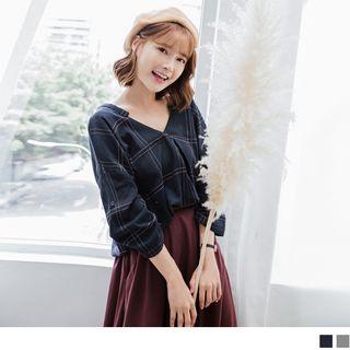 Elbow Sleeve V-neck Plaid Top