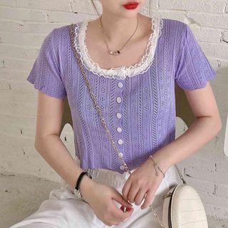 Short-sleeve Lace Trim Button-up Pointelle Knit Top