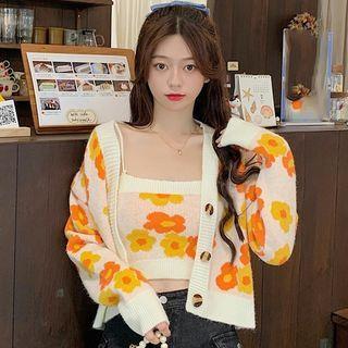 Set: Flower Print Cardigan + Crop Camisole Top