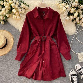 Lapel Lace-up Strap Long-sleeve Dress