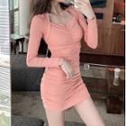Long-sleeve V-neck Ruched Mini Dress