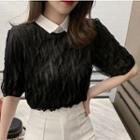 Elbow-sleeve Collared Crinkled Blouse