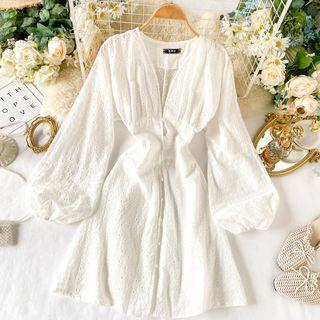 Long-sleeve Button Mini A-line Lace Dress White - One Size