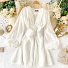 Long-sleeve Button Mini A-line Lace Dress White - One Size