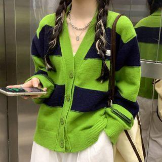 Striped V-neck Cardigan Green & Black - One Size