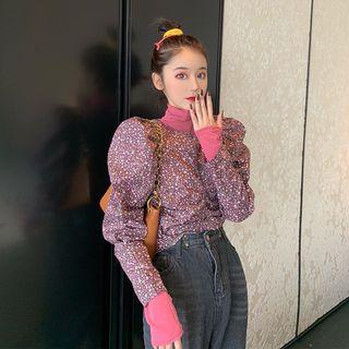 Turtleneck Long-sleeve Top / Floral Puff-sleeve Blouse