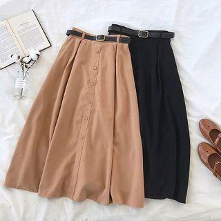 Plain High-waist Single-breasted Flare Skirt