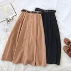 Plain High-waist Single-breasted Flare Skirt
