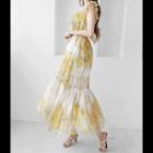 Set: Floral Print Chiffon Dress + Printed Slipdress Ivory - One Size
