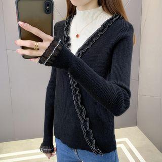 Mock Two-piece Lace Panel Ruffle Trim Knit Sweater