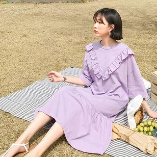 Elbow-sleeve Flounced Long Dress