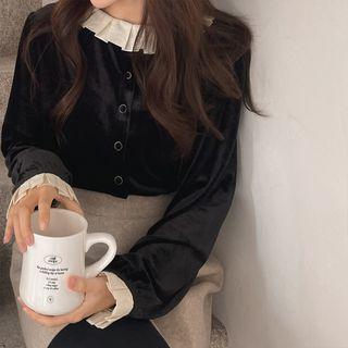 Pleat-trim Velvet Blouse Black - One Size