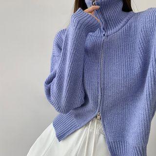 Zipper-details High-neck Knit Top