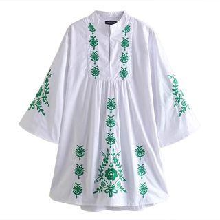 Flared-sleeve Flower Embroidered Mini Smock Dress