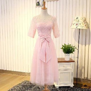 Elbow-sleeve Bow-accent Lace Panel Dress