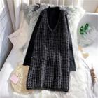 Set: Sleeveless Midi A-line Knit Dress + Long-sleeve Top