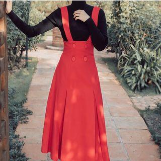 Set: Turtleneck Ribbed Knit Top = Double-breasted Midi Jumper Skirt