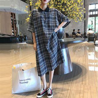 Check Elbow-sleeve Midi Polo Dress