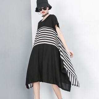 Striped Panel Short-sleeve Midi Dress Black - One Size