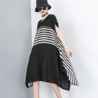 Striped Panel Short-sleeve Midi Dress Black - One Size