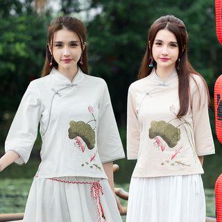 Print 3/4-sleeve Stand-collar Top