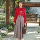 Long-sleeve Frilled-trim Blouse / Embroidered Plaid Skirt