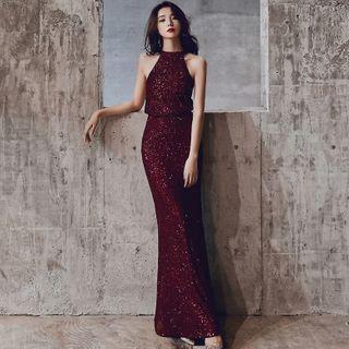 Sequined Halter-neck Sheath Evening Gown