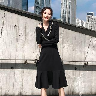 Long-sleeve Midi A-line Ruffle Trim Dress