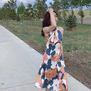 Print Sleeveless Tie-neck A-line Dress