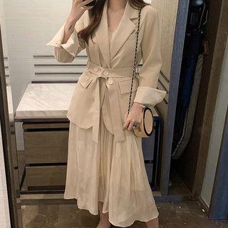 Set: Plain Blazer + Camisole Top + Midi A-line Skirt