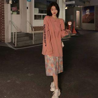 Lettering Loose T-shirt / Flower-print Midi Skirt