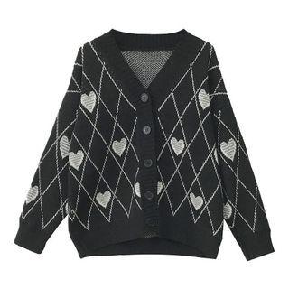Heart Print Argyle Cardigan Black - One Size