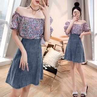 Mock Two-piece Short-sleeve Denim A-line Dress