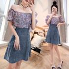 Mock Two-piece Short-sleeve Denim A-line Dress