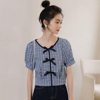 Short-sleeve Plaid Bow Cropped Blouse